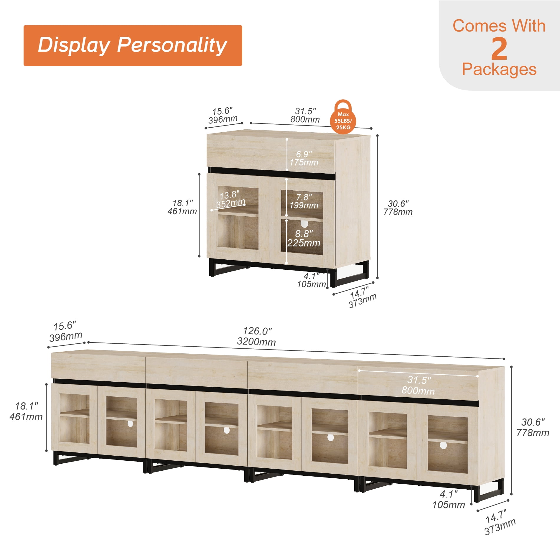 WAMPAT 4-in-1 Multifunctional Modern Sideboard Buffet Cabinet with 8 Glass Doors & 4 Drawers, Metal Base Credenza & Coffee Bar Storage Cabinet for Living Room & Kitchen