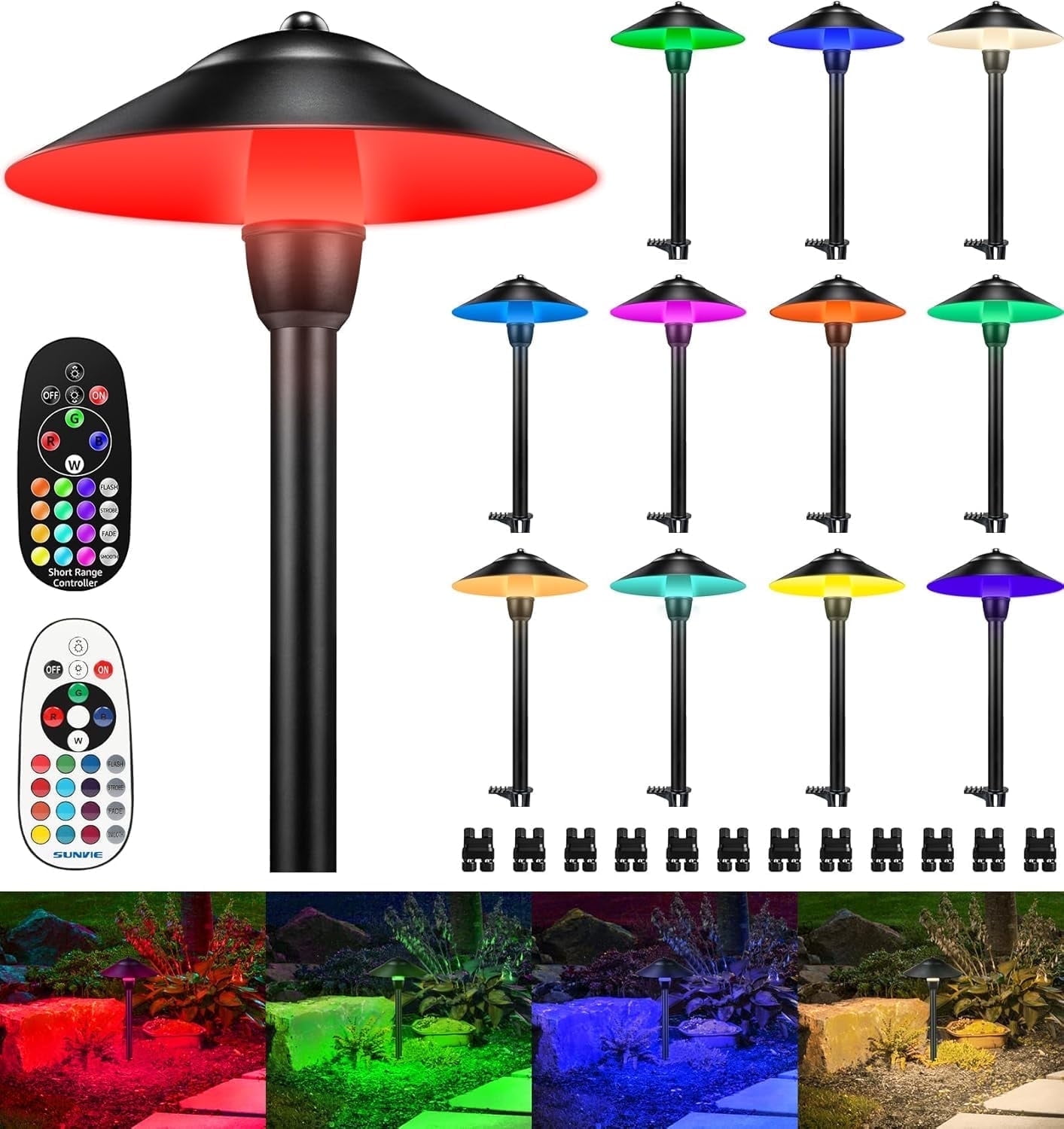 SUNVIE RGB Color Changing Landscape Lights – 12W Low Voltage, 8 Pack With Remote, IP65 Waterproof – For Garden, Pathway, Holidays