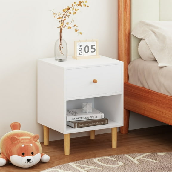 Noble House Kael 23.2" Wooden Nightstand with Drawer and Shelf, Modern Bedside Table, MDF with Pine Legs, White