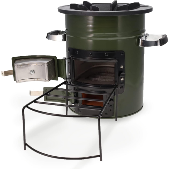 Premium Wood Burning Rocket Stove Camping for Backpacking, Hiking, RV and Survival - Insulated Barrel Stove Kit with Silicone Handles – Military Green