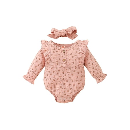 

Seyurigaoka 2Pcs Baby Girls Outfit Floral Henley-Neck Snaps Romper + Hairband