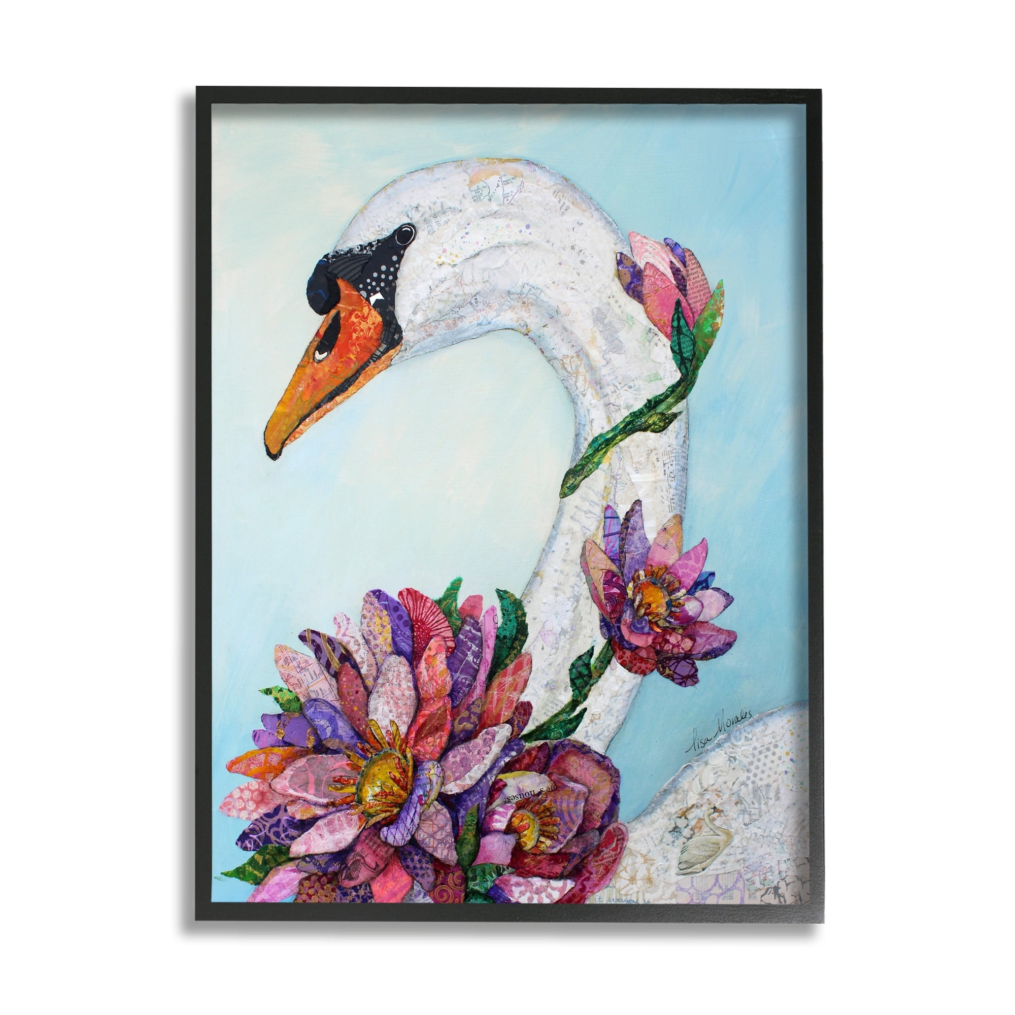 Stupell Industries Swan Bird Vivid Lotus Flower Blossoms Collage Painting Black Framed Art Print Wall Art, Design by Lisa Morales