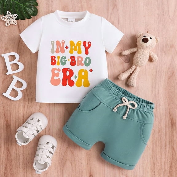 ZEHJUHAN Boys' Casual Two-Piece Set Short-Sleeve Letter Print Tee & Drawstring Waist Pocket Shorts Comfortable Outfit BIG Brother,9-12M