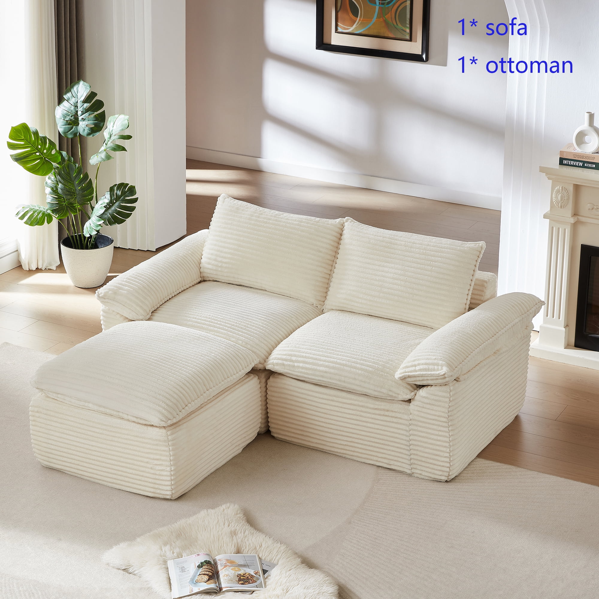 Miniyam 30.7" * 30.7" * 21" Ottoman for Sectional Sofa Corduroy White, Modern Comfy Footrest