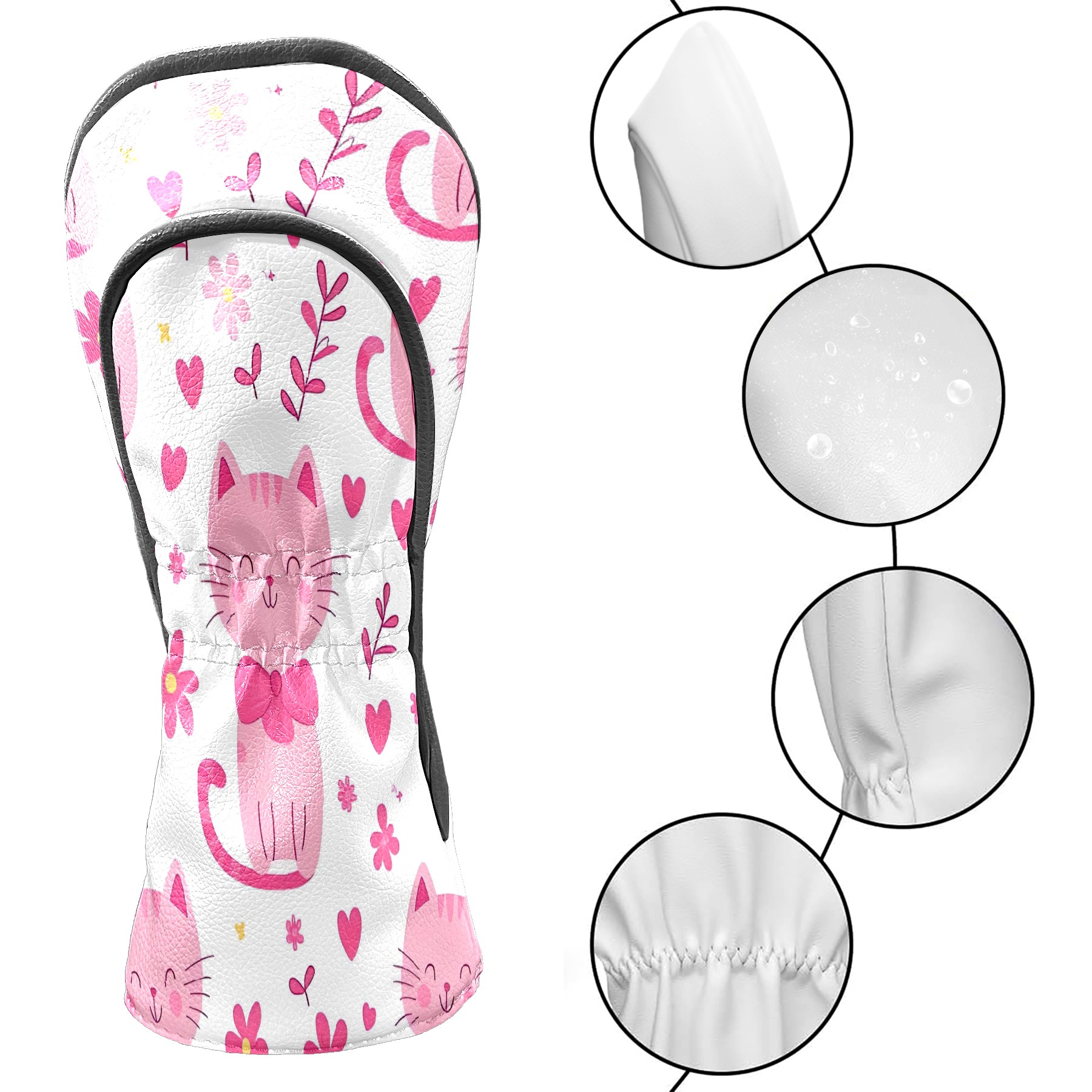 Golf Club Covers, Pink CatFlower Premium PU Leather Driver Hybrid Putter Head Covers with Velvet Lining, Waterproof Golf Gifts for Men Women