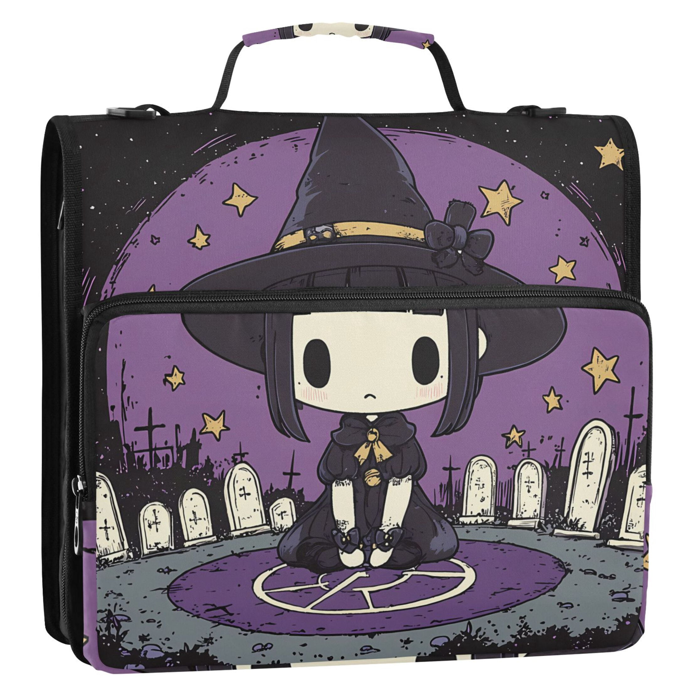 3 Ring Zipper Binder with Shoulder Strap Waterproof Trapper Keeper 2 Inch D-Ring 500 Sheets Capacity Cute Witch Tombstones Star