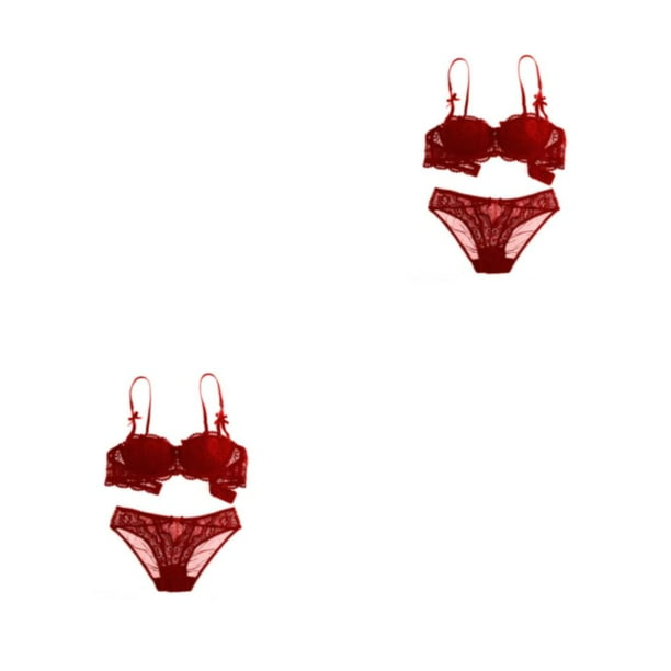 Minnieouse Conjunto de sujetadores de estilo francés de 1/2 taza, Bralette de encaje para mujer, cierre en la espalda, ropa interior de realce Vino rojo 70A 2Conjunto