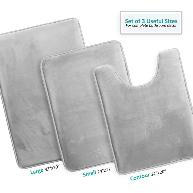 Set of 3 Clara Clark Bath Mat Bathroom Rug - Absorbent Memory Foam Bath Rugs - Non-Slip, Thick, Cozy Velvet Feel Microfiber Bathrug - Silver - Large 20"x32" - Small 17"x24" - Contour 24"x20"