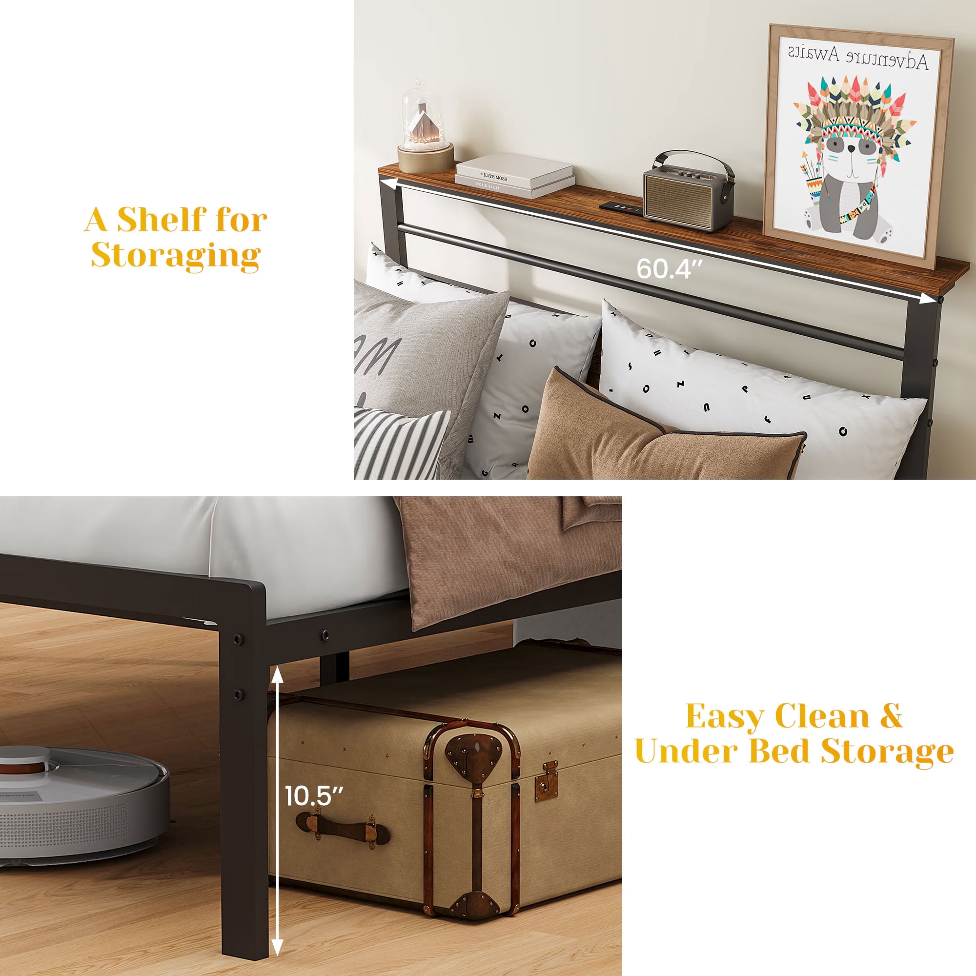 MAYEERTY Queen Size Bed Frame with Charging Station, Heavy Duty Metal Platform Bed with Upholstered Headboard, Support 700 lbs, for Bedroom Dorm