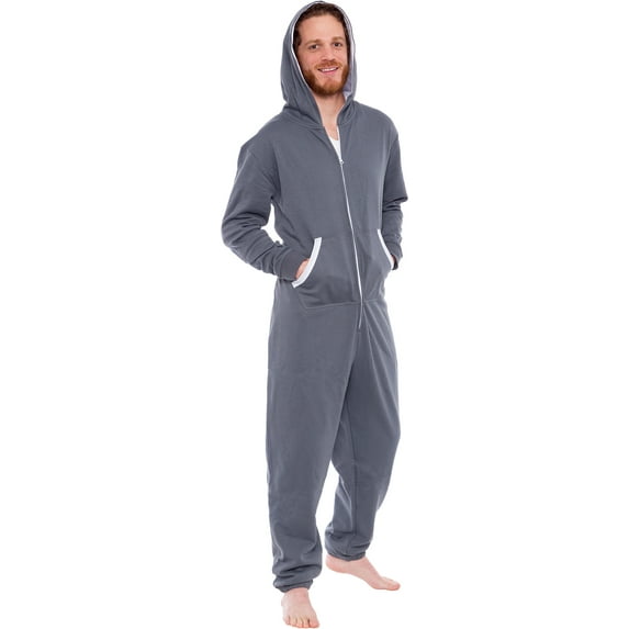 Men's Hooded Jumpsuit - Zip Up One Piece Pajamas by Ross Michaels (Grey, Large)