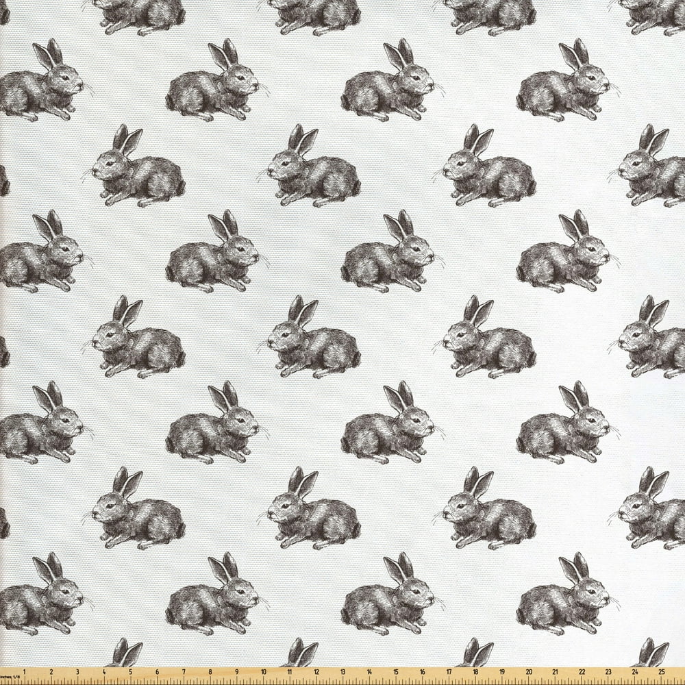 Bunny Fabric by The Yard, Sketch Art Pattern with Handdrawn Rabbits