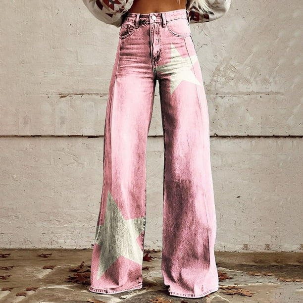 WILLBEST Pantalones Mujer Pantalones Vaqueros de Pierna Ancha para Mujer, de Cintura Alta, Estilo Años 90, Con Estampado Floral, Informales, Cómodos y Elásticos, a La Moda. 1242 XXXL