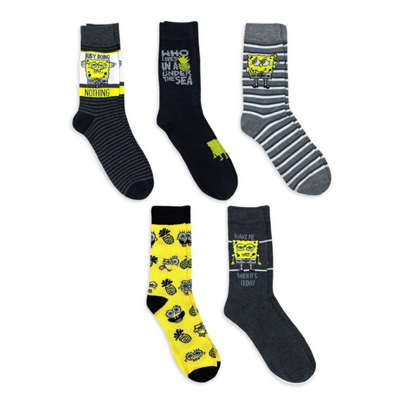 SpongeBob SquarePants, Mens Crew Socks, 5-Pack, Size 6.5-12