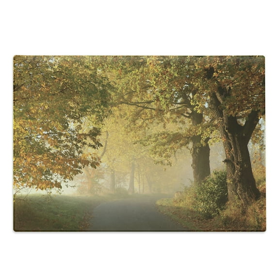 Woodland Cutting Board, Rural Road in a Misty Autumn Morning Countryside Pathway Scenery Natural, Decorative Tempered Glass Cutting and Serving Board, Large Size, Pale Coffee Green, by Ambesonne