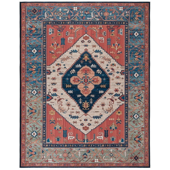SAFAVIEH Tucson Nicole Traditional Machine Washable Area Rug, Rust/Blue, 10' x 14'