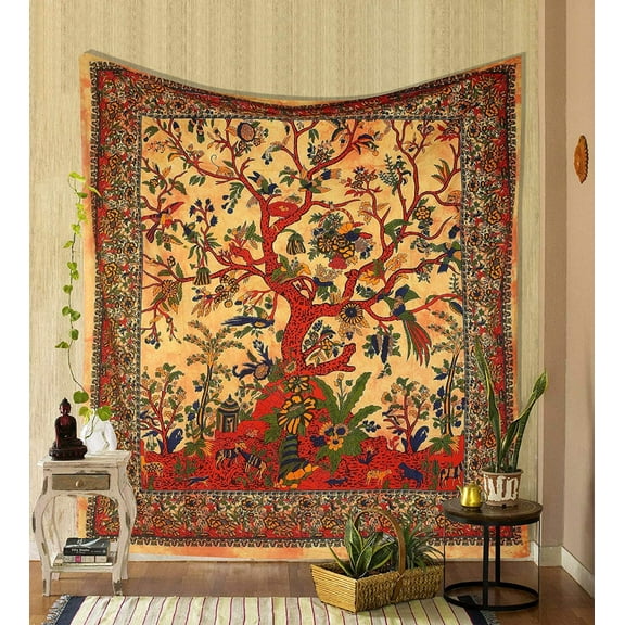 YELLOW Tree of Life Tapestry - Wall Hanging Mandala Tapestry - Large Hippie Aesthetic - Boho Cotton Tapestry for Living Room - New Year Gift