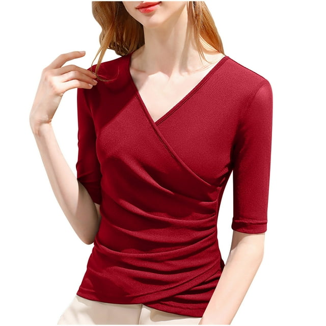 Yuyuzo Hauts de Sortie pour Femmes Manches 3/4 Haut Col en V Froncé Ourlet Extensible Ajusté T-Shirts