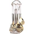 thumbnail image 1 of Juego de siete piezas de utensilios de cocina de acero inoxidable (oro blanco). Juego de 7 utensilios de cocina con estante colgante. Incluye cuchara ranurada, espátula ranurada, cuchara grande., 1 of 5