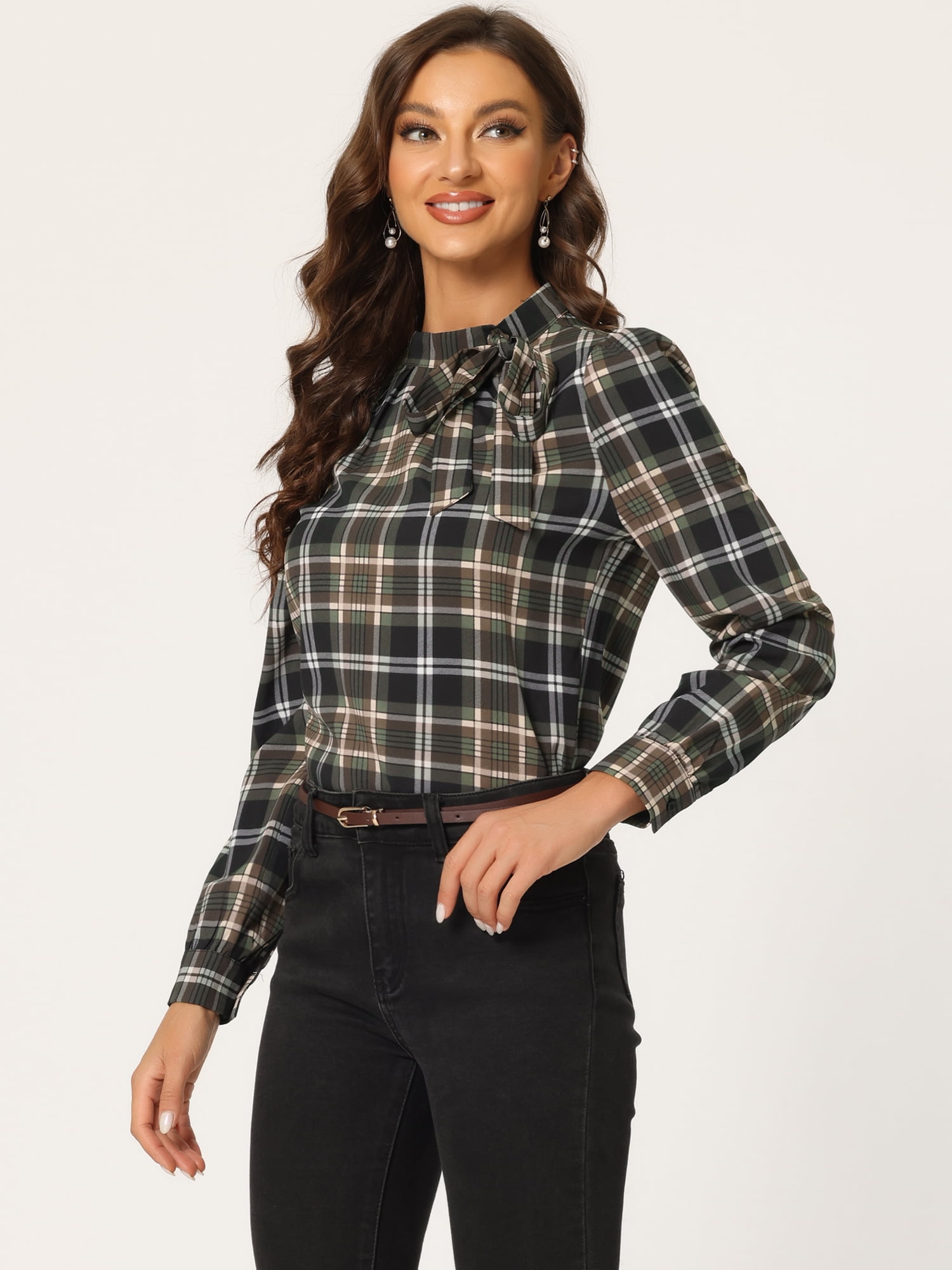 DARING DIVA Bow-Tie Neck Office Work Checks Shirt Top M Brown Black