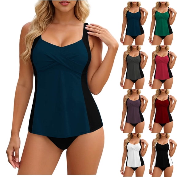 Danhjin Womens Tankini Swimsuit 2 Piece Set Color Matching Swimwear Faux Wrap Cute Fashion Attractive Summer Beach Swimming Bathing Suits Set