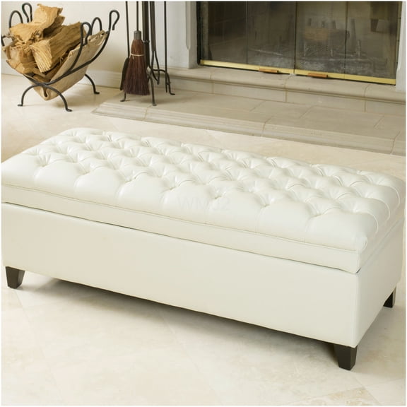 Ivory Leather Storage Ottoman Bench with Tufted Upholstery and Soft Close Lid for Living Room