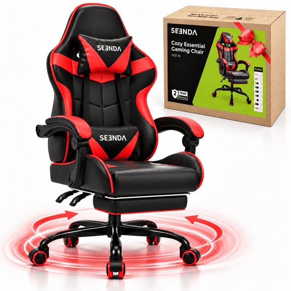 Gaming Chair, Seenda Video Game Chair with Footrest and Lumbar Support, Ergonomic Computer Chair Height Adjustable with Swivel Seat and Headrest, Red