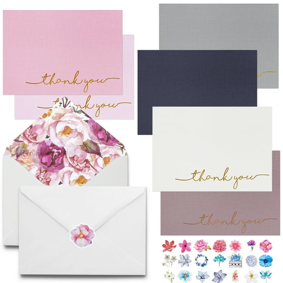 Thank You Cards-24 Bulk Blank Gold Foil Sets(6 Colors) Blank Greeting Cards with Elegant Floral Envelopes &Stickers for Wedding, Baby Shower, Bridal Shower, Business, Anniversary, Funeral -4" x 6"