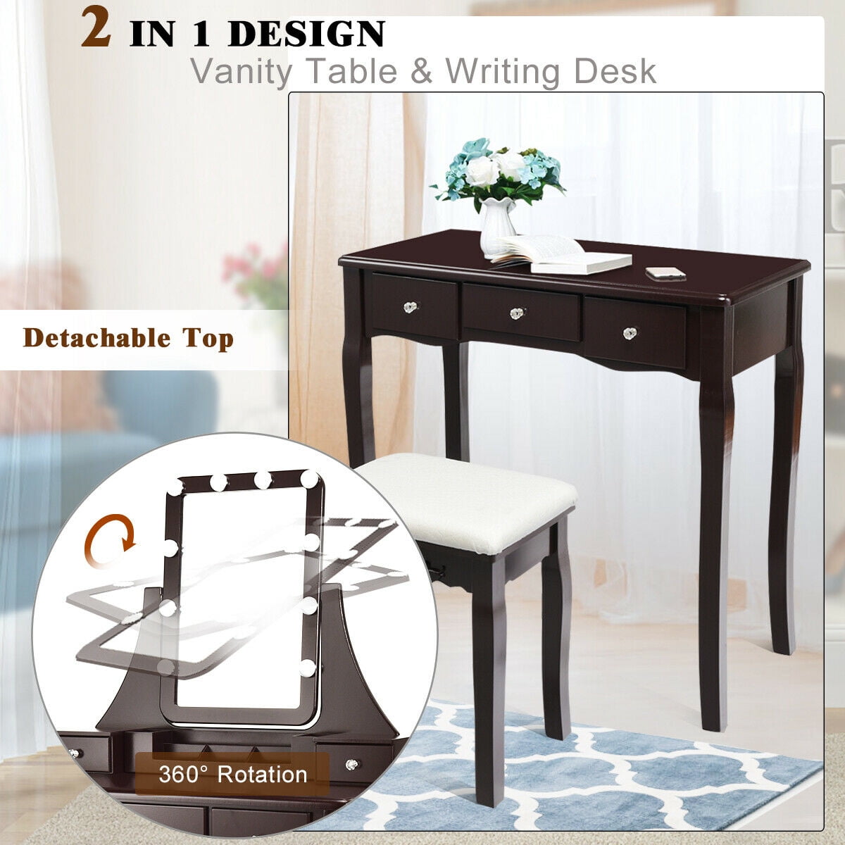 Gymax Vanity Dressing Table Set w/ 10 Dimmable Bulbs Touch Switch & Removable Box Brown