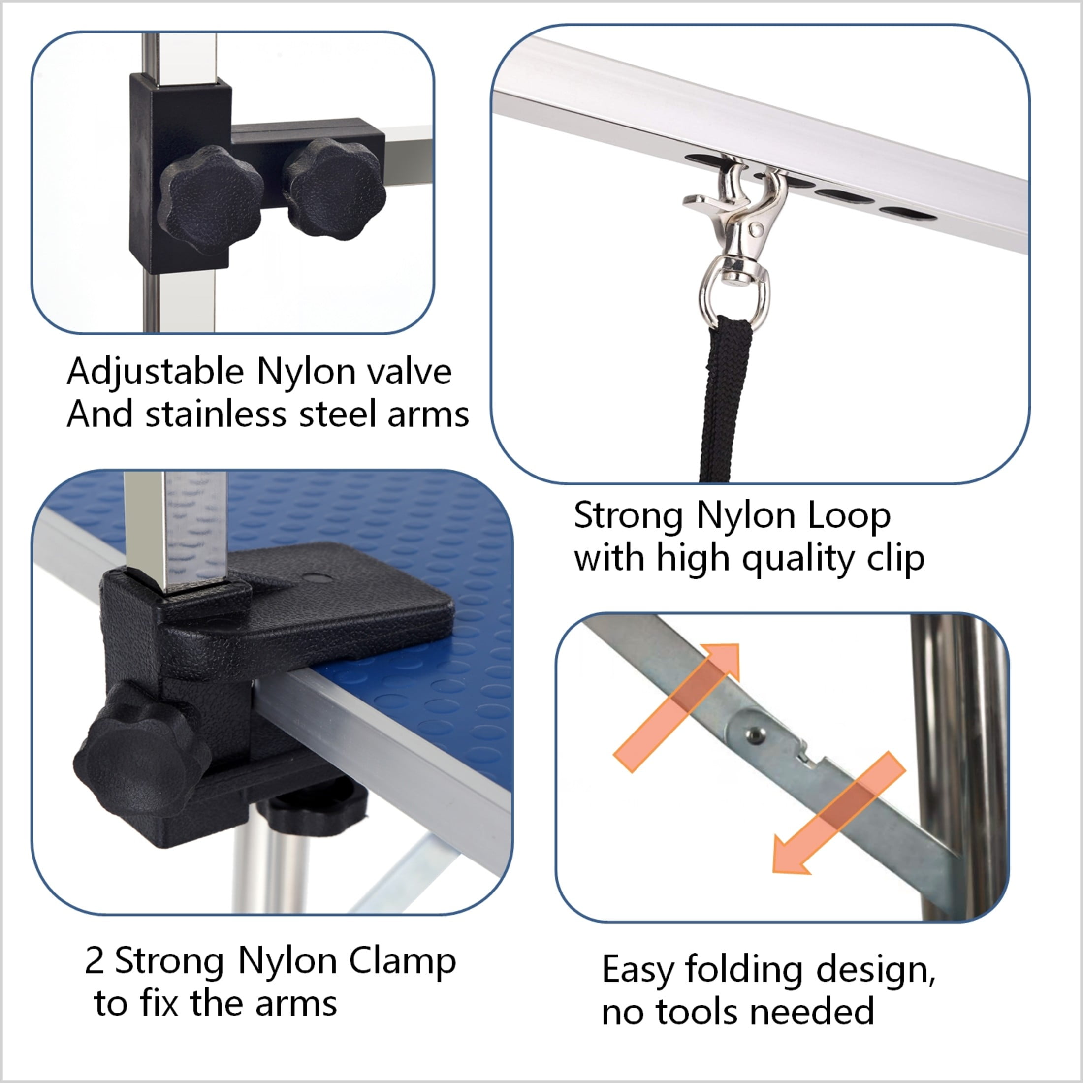 Noble House 46" Folding Dog Pet Grooming Table with Adjustable Arm, Stainless Steel Frame, Non-Slip Rubber Top, Blue