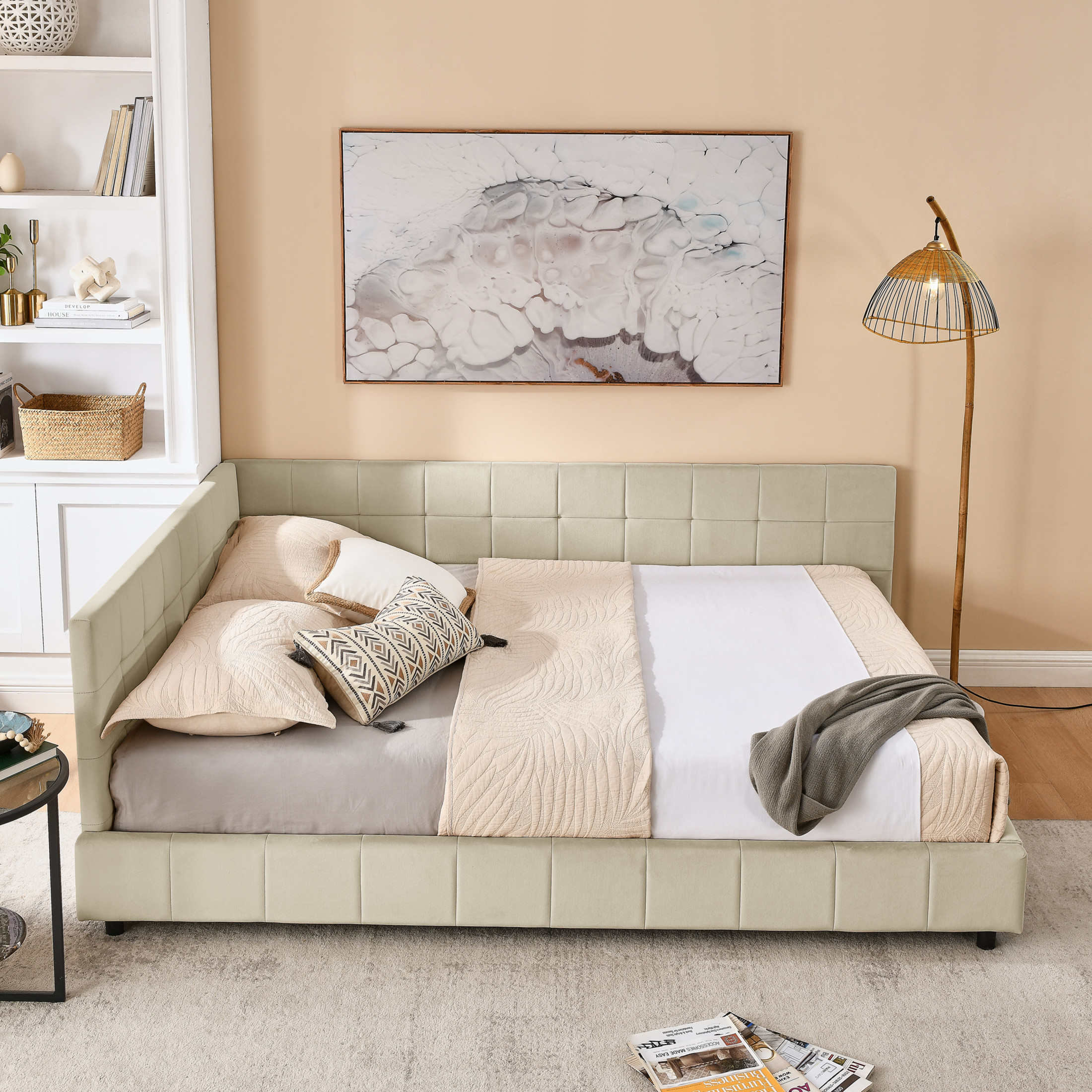 Queen Size Upholstered Tufted Storage Bed Frame with Backrest & Armrests, Velvet, Bedroom & Living Room, Beige