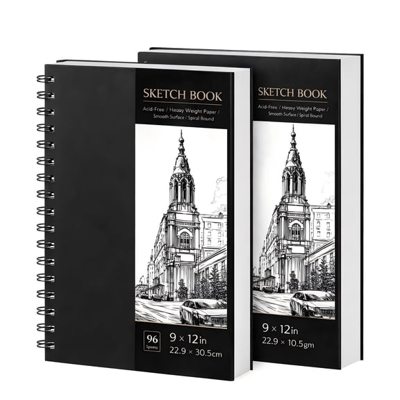 2 Pack Spiral Sketchbook 9x12 with 100gsm Thick Paper Black Hardback