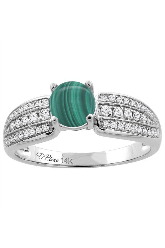 14K White Gold Natural Malachite Engagement Ring Round 6 mm 3-row Diamond Accents, size 6