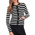 thumbnail image 1 of Suéter de cárdigan a rayas INSPIRE CHIC para mujer, con cuello redondo, botones y diseño de bloques de color, en negro y blanco, 1 of 6