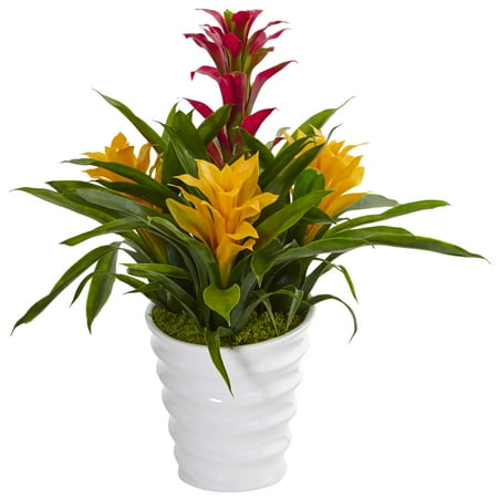 Nearly Natural Tropical Bromeliad Artificial Plant in White Swirl Vase