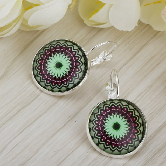 Piedras preciosas acrílicas patrón étnicas cuelgan pendientes de dama para mujer - 1 1 Hugo Pendientes florales de la vendimia