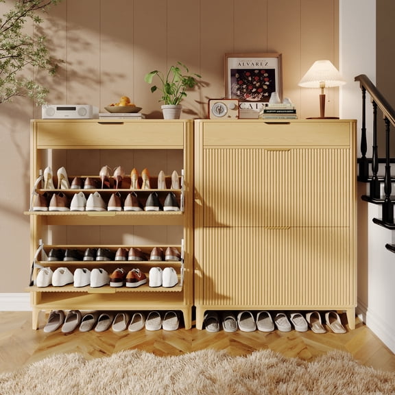 TOKSOM Slim Shoe Cabinet with Drawer, Japandi Natural Wood Flip Down Shoe Rack Organizer for Entryway, Narrow Freestanding Hidden Shoe Storage with Fluted Design