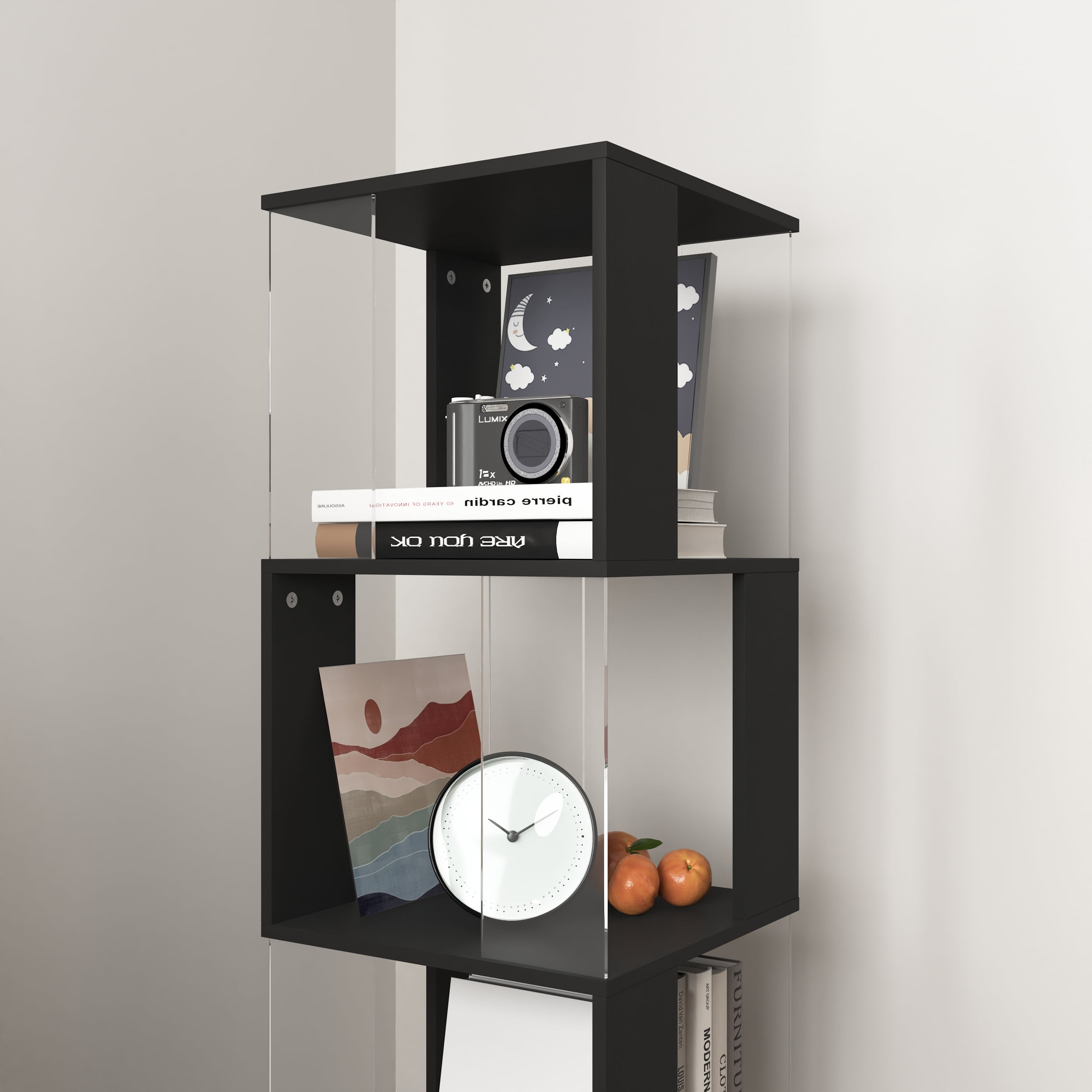 360-Degree Rotating Bookshelf with Wood Veneer & Clear Acrylic Panels, Large Capacity Space-Saving Storage Rack with Anti-Toppling Base for Books Decor Albums Living Room Office