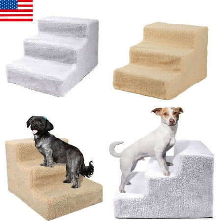 Dog Pet Stairs - Pet 3-Steps Stairs Soft Portable Cat Dog Ramp Ladder Small Climb With Fleece Cover For Puppy Kitten Up to 70 lbs White