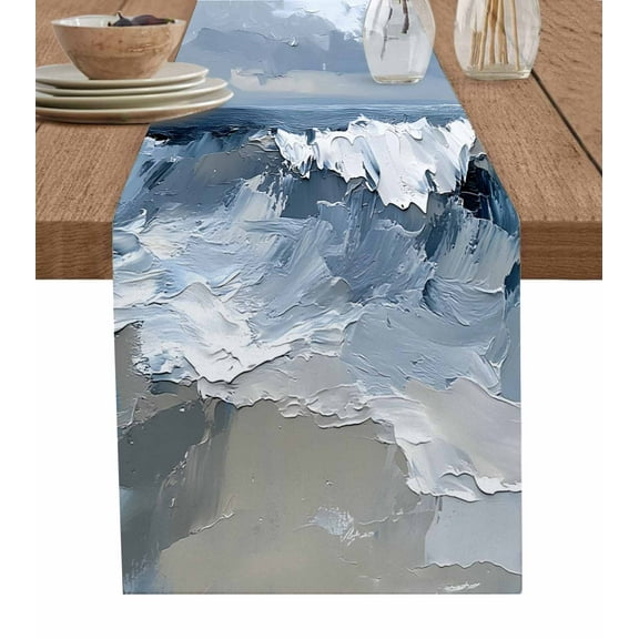 Abstract Blue Table Runner-Cotton Linen- 36 Inch Holiday Dresser Scarves, Beach Waves Neutral Brush Painting Art Tablerunner for Kitchen Coffee/Dining Bedroom Living Room Dinner Scarf Décor 13x36