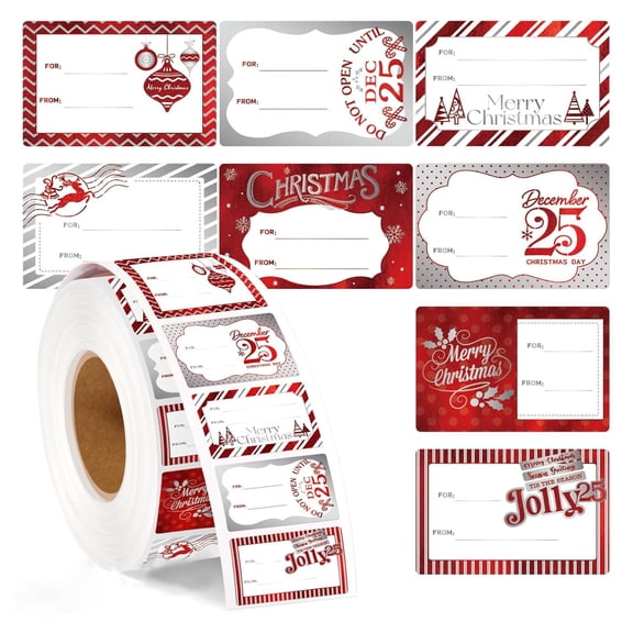 SeekLGT Christmas Gift Tags 300 PCS, Red & Silver Foil Stickers Labels for Holiday Wrapping Gifts Festive Decor