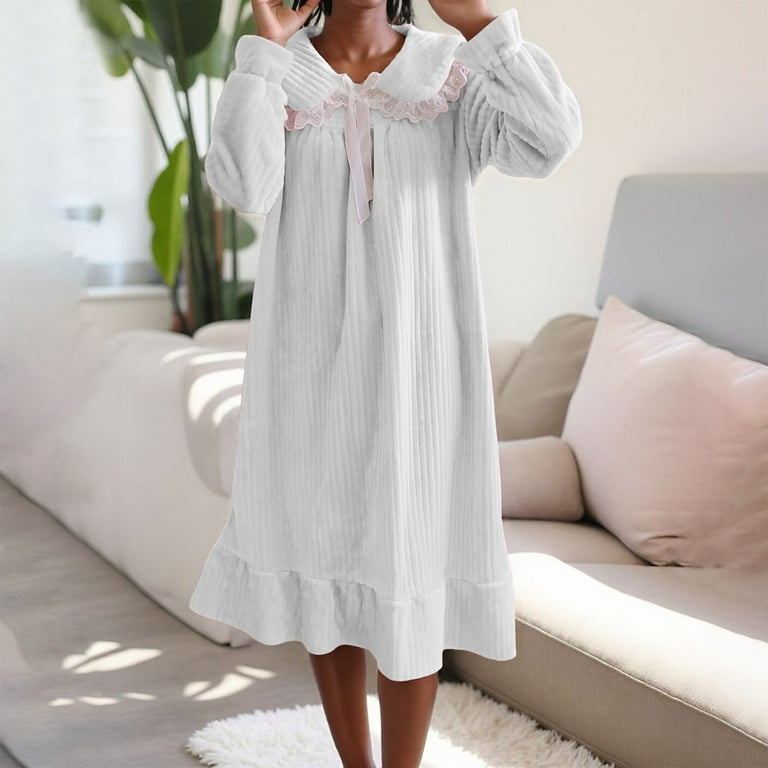 Levmjia Womens Winter Nightgown Long Sleeve Flannel Bow Princess Style Sleepwear Soft Warm Comfortable Night Dress for Home Relaxation Sleep, Women's,