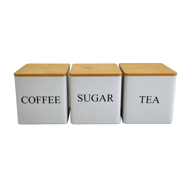 Juego de 3 botes metálicos con tapas herméticas, etiquetados, para café/té/cocina
