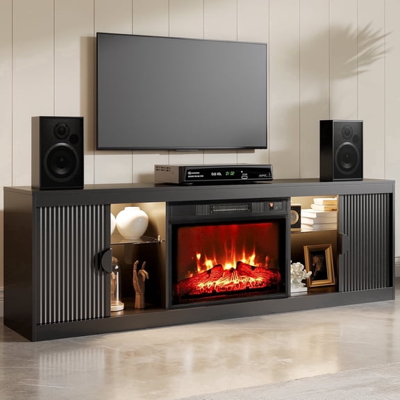 Holliwill 70" Fireplace TV Stand for TVs up to 80" with LED Lights, Fluted Modern Entertainment Center with 23" Electric Heater TV Console with Sliding Door for Living Room, Black