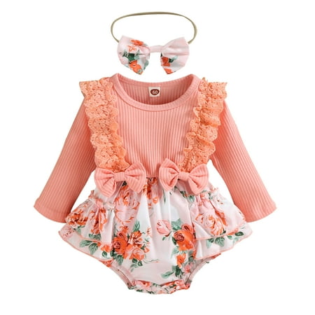 

TAIAOJING Baby Boys Girls One-Piece Romper Jumpsuit Lace Ruffles Long Sleeve Floral Prints Bowknot Bodysuits Headbands Set Outfit 0-3 Months