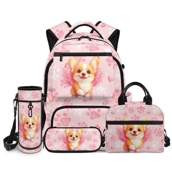 Psesaysky Corgi Backpack Set for Girls 6-8 Cute Kids Bookbag with Lunch Bag Pencil Case Water Bottle Sleeve 4 Pcs Girls Schoolbag for Kindergarten Elementary School