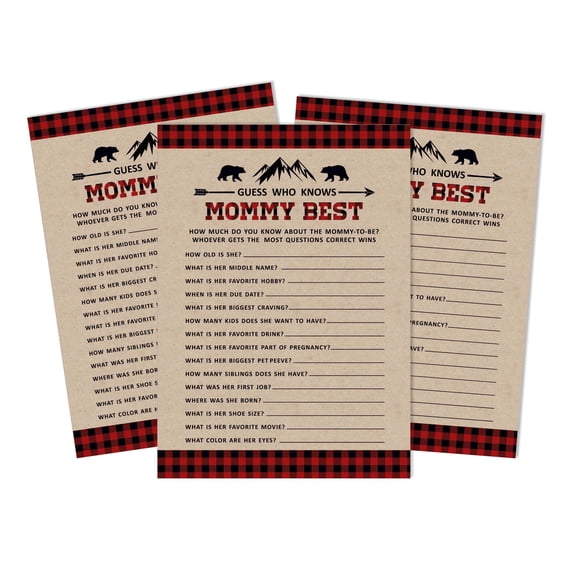 Inkdotpot Gender Neutral 50-PackWho Knows Mommy BestRustic Kraft Baby Shower GameCards Lumberjack FunActivity Cards