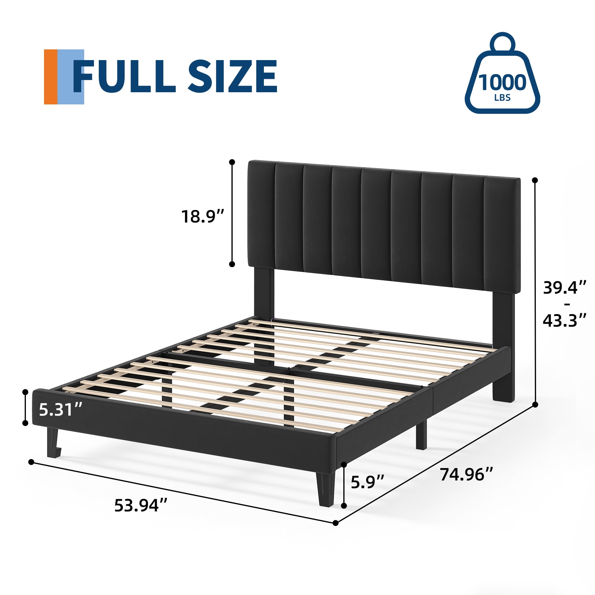 GOGRANT Velvet Upholstered Platform Bed Frame with Adjustable Headboard, Full