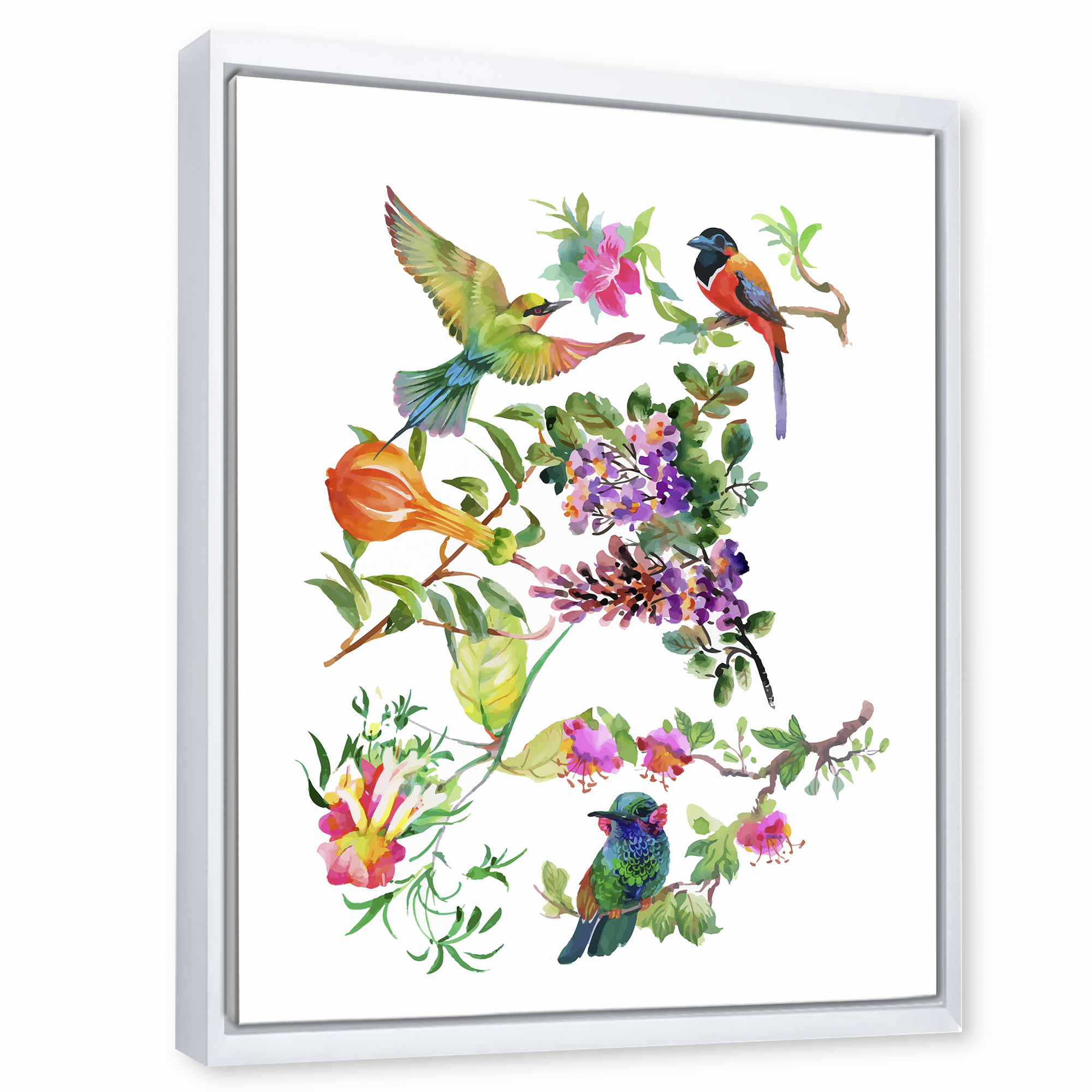 Colourful Birds and Tropical Flowers II 24 in x 32 in Framed Painting Canvas Art Print, by Designart