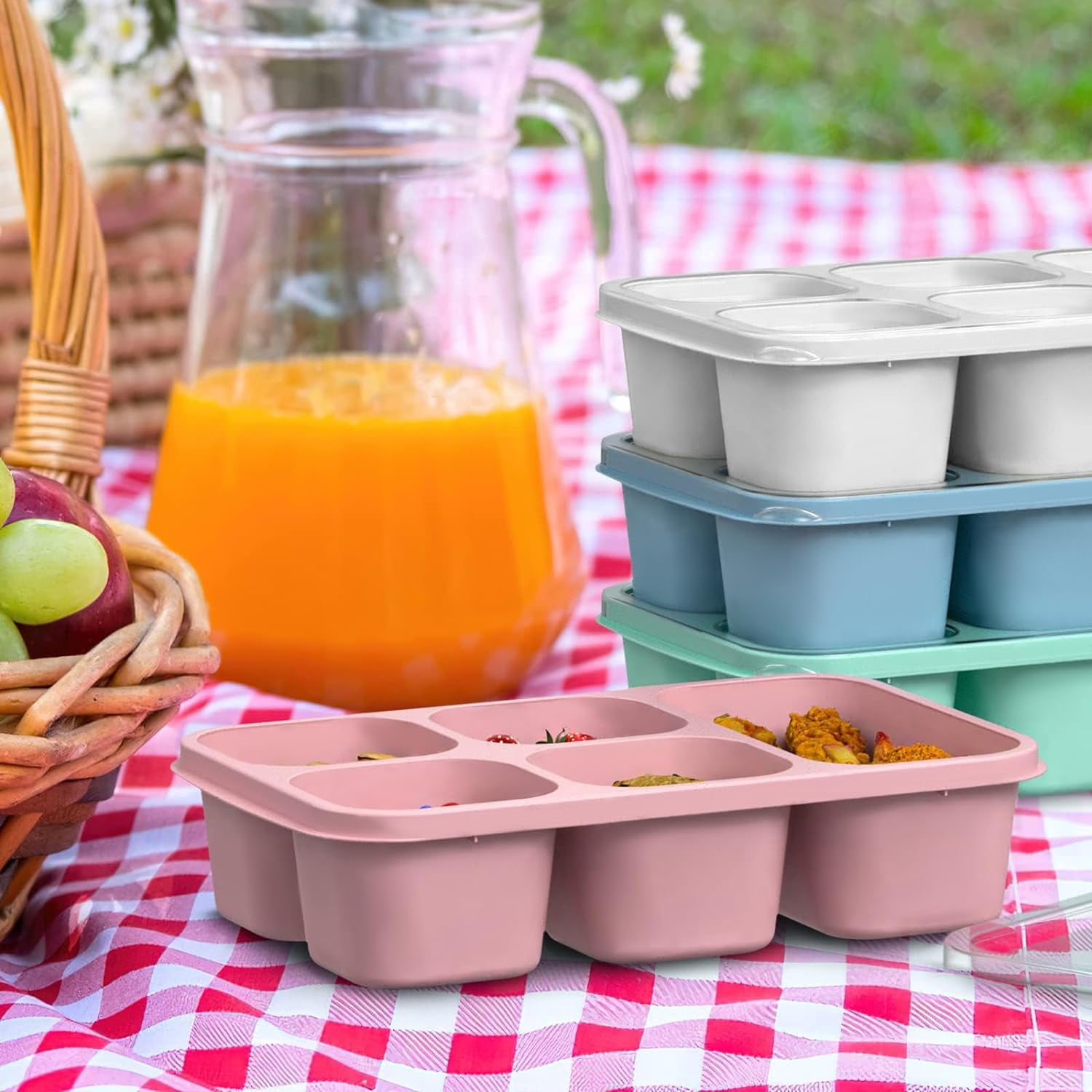 PandaTop Bento Snack Boxes - Reusable 5-Compartment Food Containers for Kids/Toddle/Adults,Divided Snack Containers for School, Work and Travel, Set of 4 Plastic Food Storage Containers