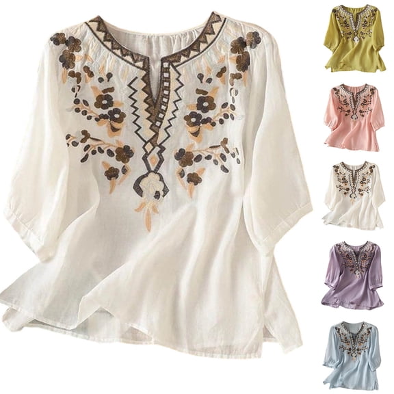 Favoffer Women's Embroidered Blouse V Neck Short Sleeve Tone Soft Spring Summer Daily Travel Leisure Fashion Top